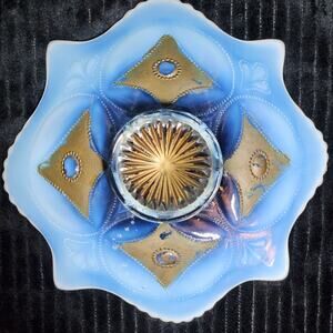 Antique Jefferson Glass Blue Opalescent "Intaglio" Ruffled Bowl